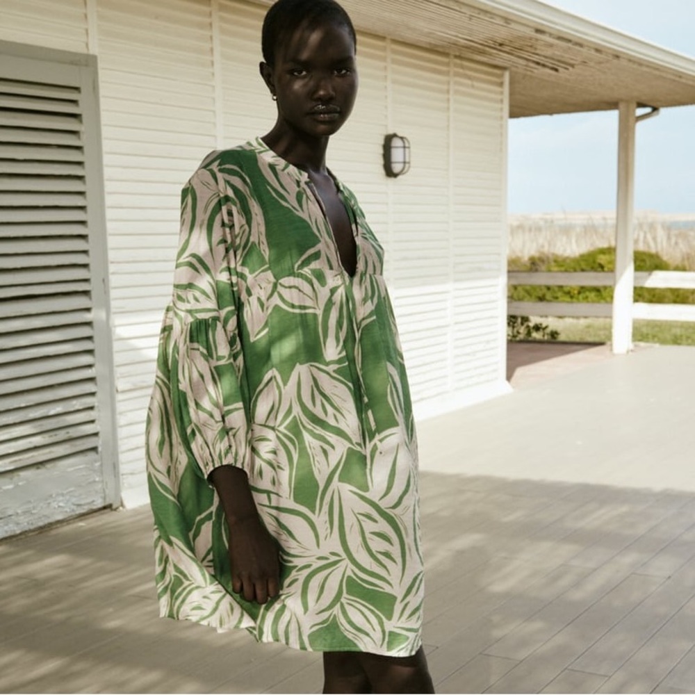 Zara Green Tropical Printed Long Sleeve Mini Dress